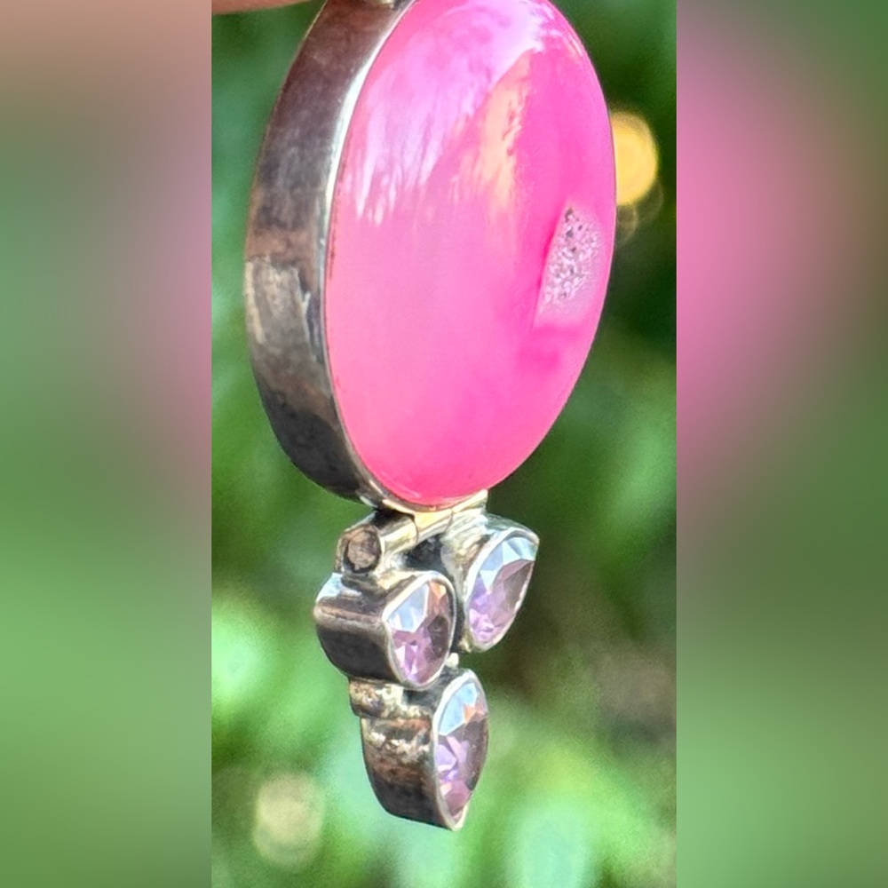 π Vintage Sterling Silver Pink Druzy Agate & Rose Quartz Pendant - Picture 3 of 12